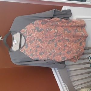 LuLaRoe Randy Baseball style 3/4 sleeve. Grey, Paisley Coral/Yellow print. sz 3X